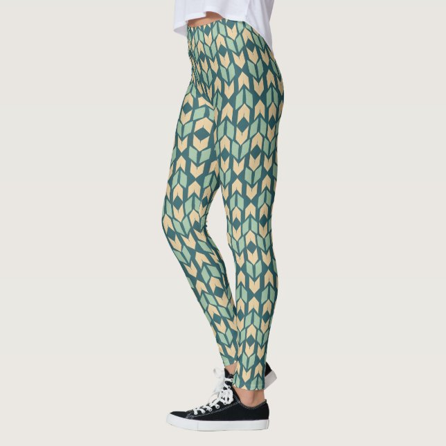 Outdoor Geo Step | Geometric Teal Arrow Pattern Leggings (Left)