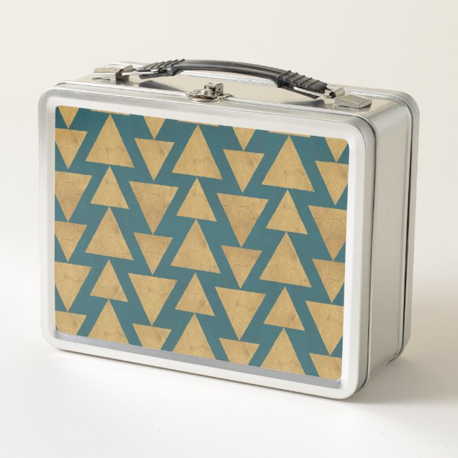Outdoor Geo Step | Gold & Dark Teal Pattern Metal Lunch Box (Front)