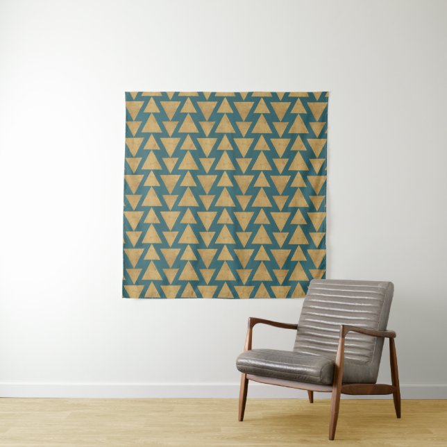 Outdoor Geo Step | Gold & Dark Teal Pattern Tapestry (In Situ (Horizontal))