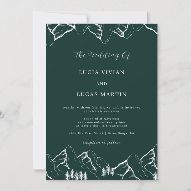 Outdoor Mountains Pine Tree Emerald Green Wedding Invitation (Front)