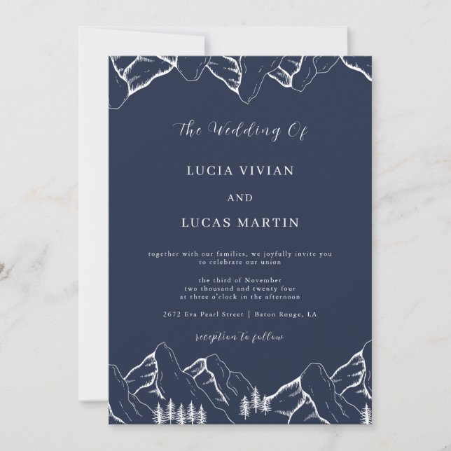 Outdoor Mountains Pine Tree Navy Blue Wedding Invitation (Front)
