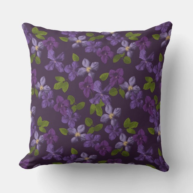 Outdoor Purple Clematis Flower Pillow by Francoise (Front)