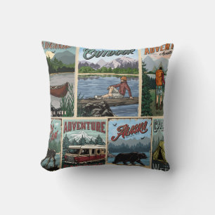 Outdoor recreation vintage posters set with canoe  cushion