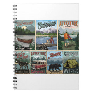 Outdoor recreation vintage posters set with canoe  notebook
