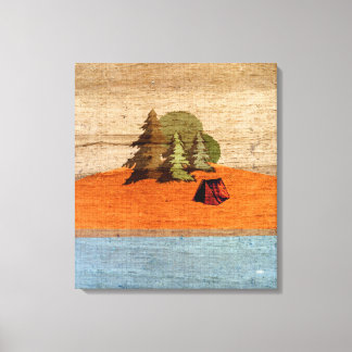 Outdoor Tent Camping in the Woods Woodgrain Look Canvas Print