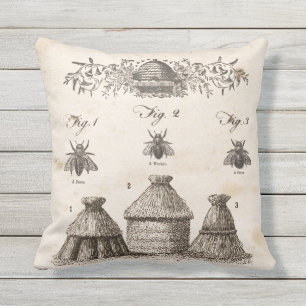Outdoor vintage botanical bees & hives pillow. cushion