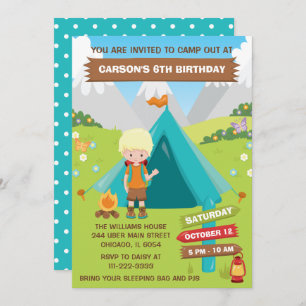 Outdoors Camping Birthday Party Blonde Hair Boy In Invitation