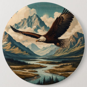 Outdoorsman bald eagle mountain range 6 cm round badge