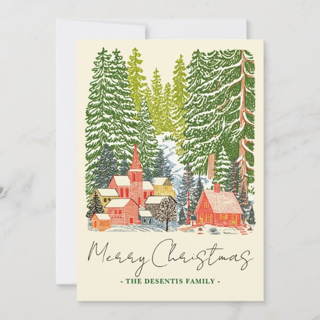Outdoorsy Mountain Town Linocut Christmas Photo Holiday Card (Front)