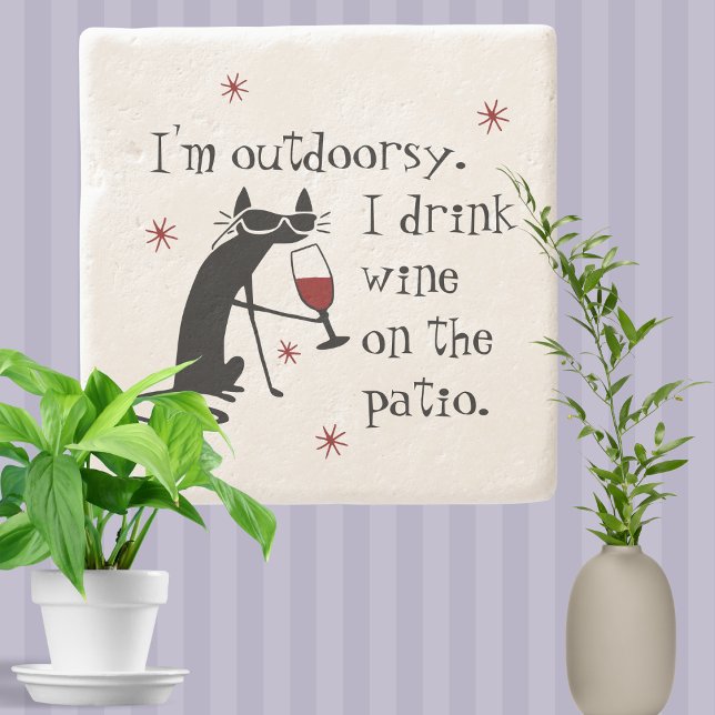 Outdoorsy Patio Wine Quote with Black Cat Stone Coaster (Creator Uploaded)
