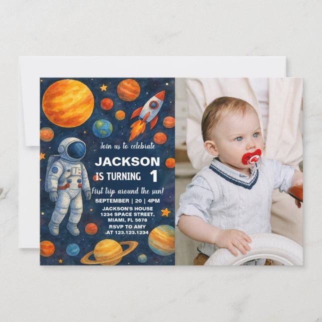 Outer Space 1st Birthday Invitation with photo (Front)