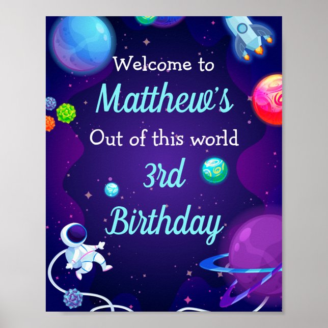 Outer Space 3rd Birthday Blue Astronaut Planet Poster (Front)