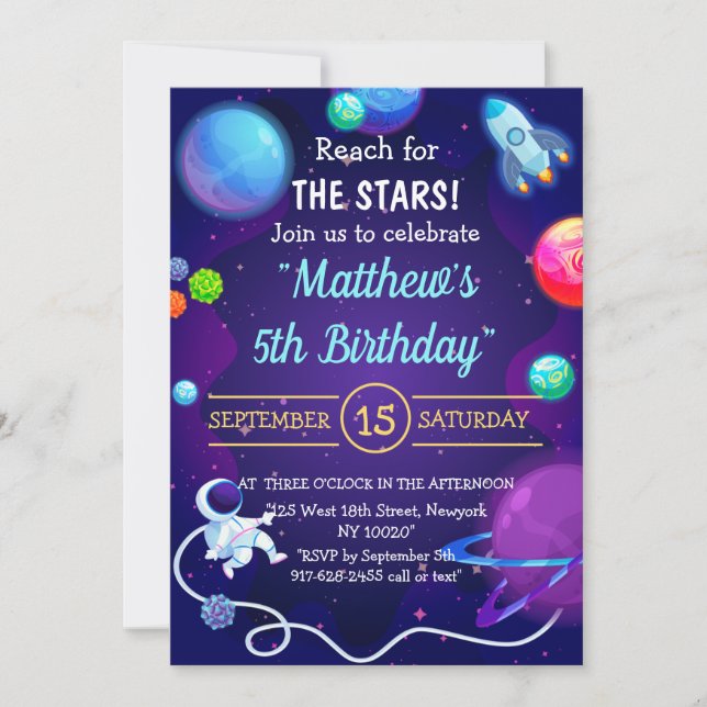 Outer Space 5th Birthday Blue Astronaut Planet Invitation (Front)