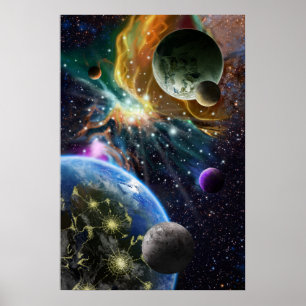 Outer Space art with Planets and Colourful Nebula Poster