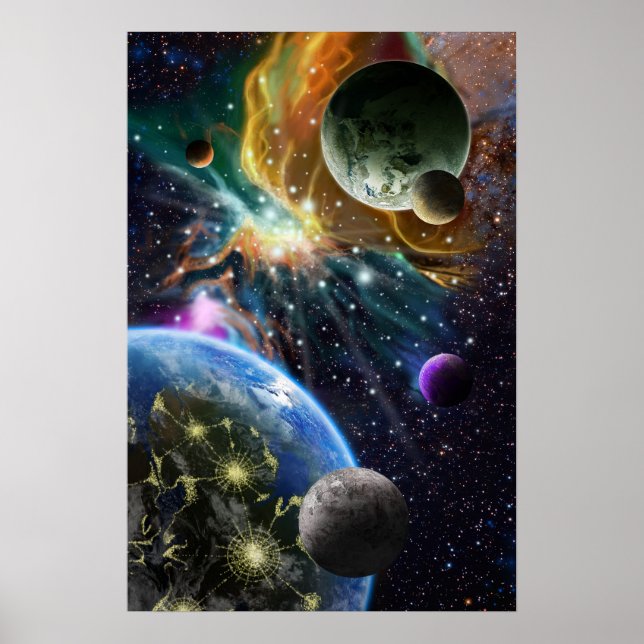 Outer Space art with Planets and Colourful Nebula Poster (Front)