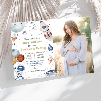Outer Space Astronaut Baby Shower Party Photo Invitation