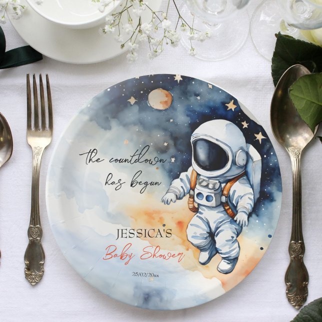 Outer space astronaut baby shower template paper plate (Outer space astronaut baby shower template paper plates personalized baby shower tableware)