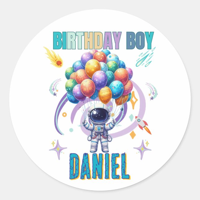 Outer Space Astronaut Birthday Boy  Classic Round Sticker (Front)