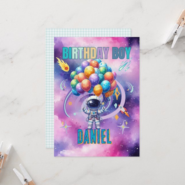 Outer Space Astronaut Birthday Boy  Invitation (Front/Back In Situ)