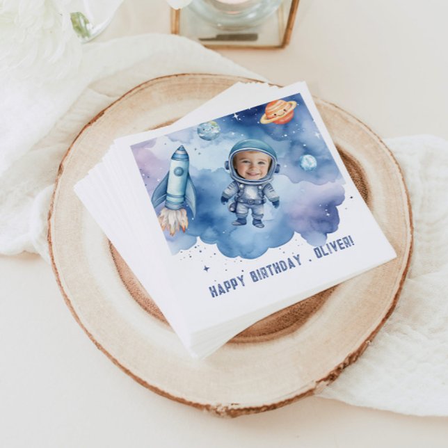 Outer Space Astronaut birthday photo Napkin (Creator Uploaded)
