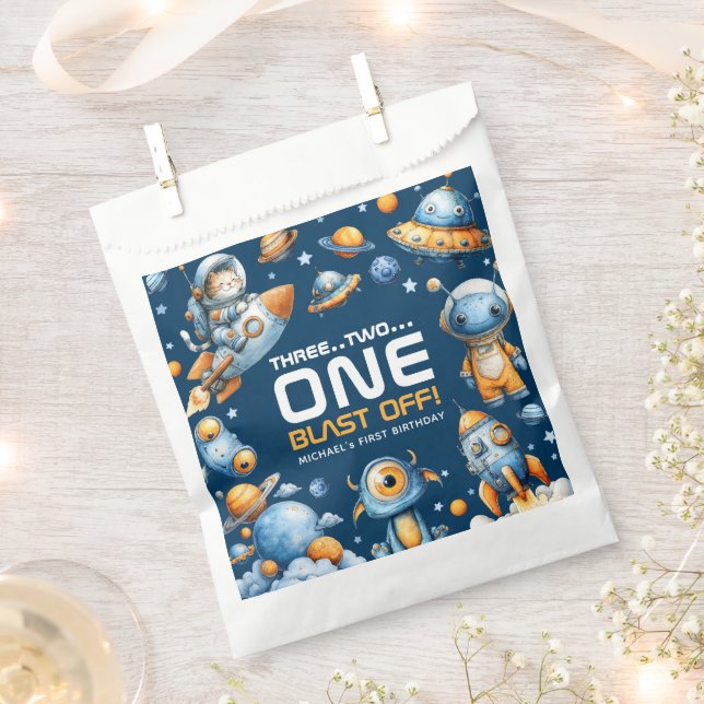 Outer Space Astronaut Cat  Blast Off 1st Birthday  Favour Bags (Clipped)