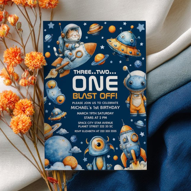 Outer Space Astronaut Cat Blast Off 1st Birthday Invitation (Creator Uploaded)