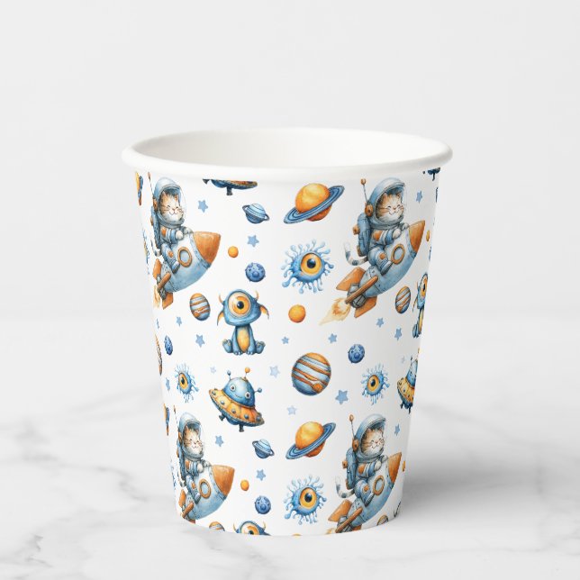 Outer Space Astronaut Cat Festive Galaxy Pattern Paper Cups (Front)