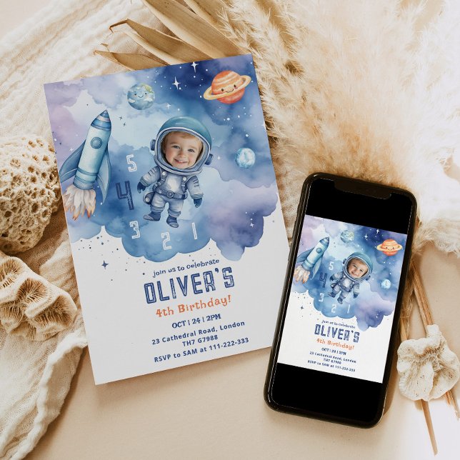 Outer Space Astronaut countdown 4th birthday Photo Invitation (Creator Uploaded)