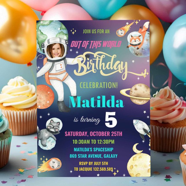 Outer Space Astronaut Galaxy Girl Birthday Photo Invitation (Creator Uploaded)