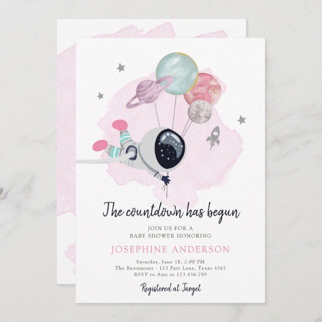 Outer Space Astronaut Girl Baby Shower Invitation (Front/Back)