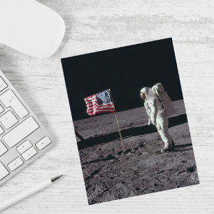 Outer Space, Astronaut on Moon & American Flag,Fun Holiday Postcard