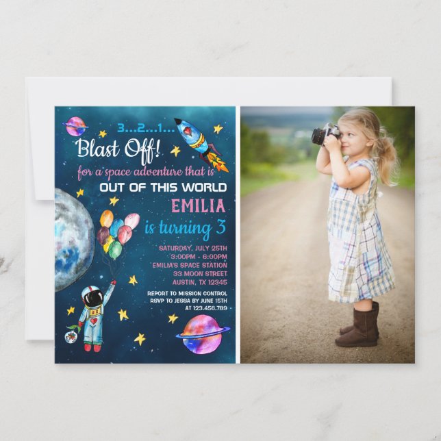 Outer Space Astronaut Photo Rainbow Balloon Rocket Invitation (Front)