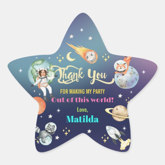 Outer Space Astronaut Planets Girl Birthday Photo Star Sticker (Front)