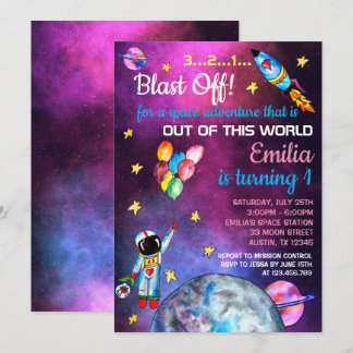 Outer Space Astronaut Rainbow Balloons Rocket Moon Invitation