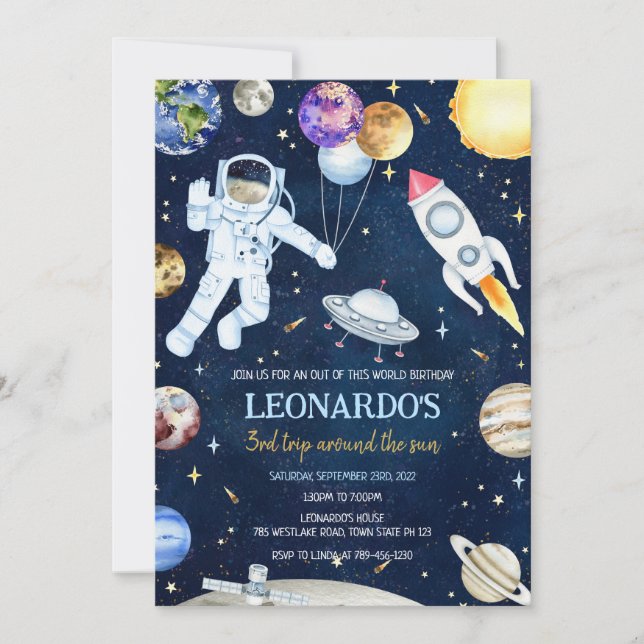 Outer Space Astronaut Rocket Planets Birthday Invitation (Front)