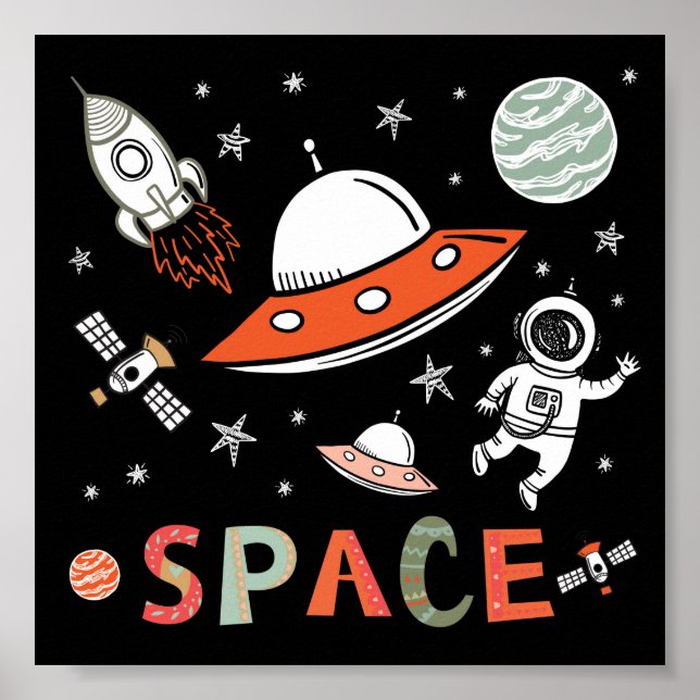 Outer Space Astronaut rocket ship planets Poster (Front)