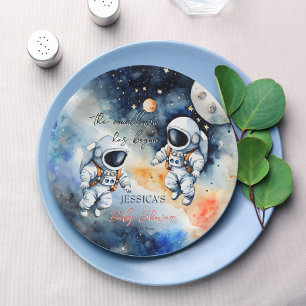 Outer space astronaut twins baby shower paper plate