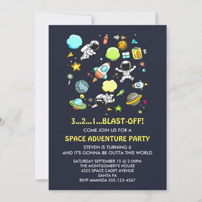 Outer Space Astronauts & Rocket Ships Birthday Invitation (Front)