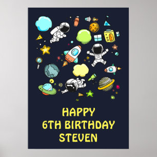 Outer Space Astronauts & Rockets Pattern Birthday Poster