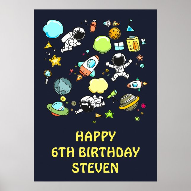 Outer Space Astronauts & Rockets Pattern Birthday Poster (Front)