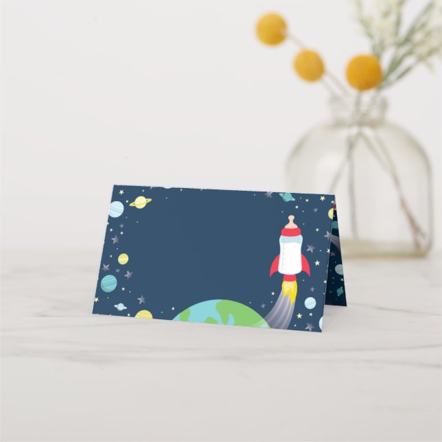 Outer Space Baby Shower Bottle Rocket Spaceship Place Card (Front)