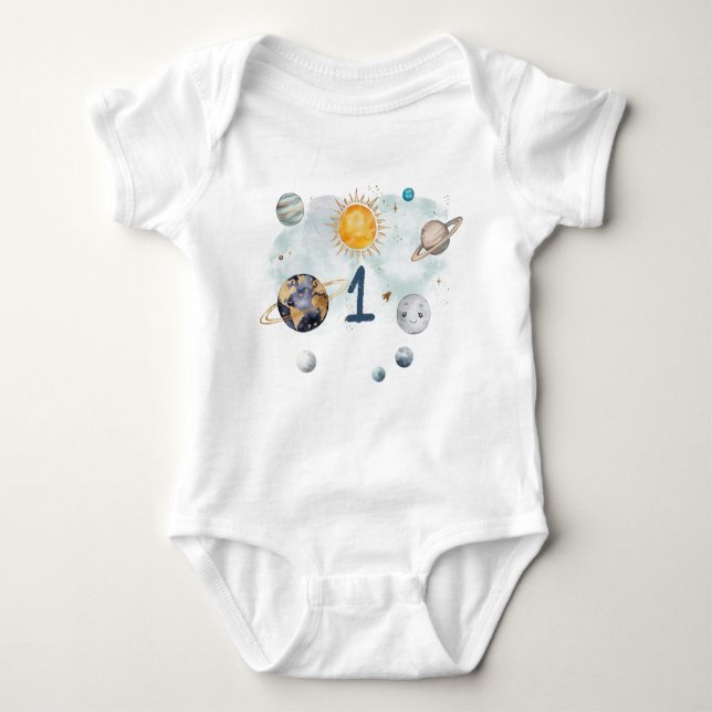 Outer Space Birthday Galaxy Sun Moon Stars Planets Baby Bodysuit (Front)