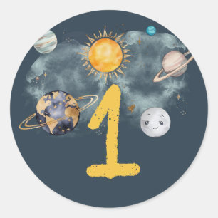 Outer Space Birthday Galaxy Sun Moon Stars Planets Classic Round Sticker