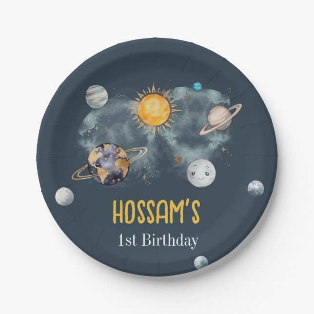 Outer Space Birthday Galaxy Sun Moon Stars Planets Paper Plate (Front)