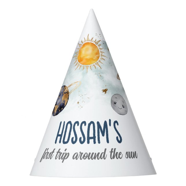 Outer Space Birthday Galaxy Sun Moon Stars Planets Party Hat (Front)
