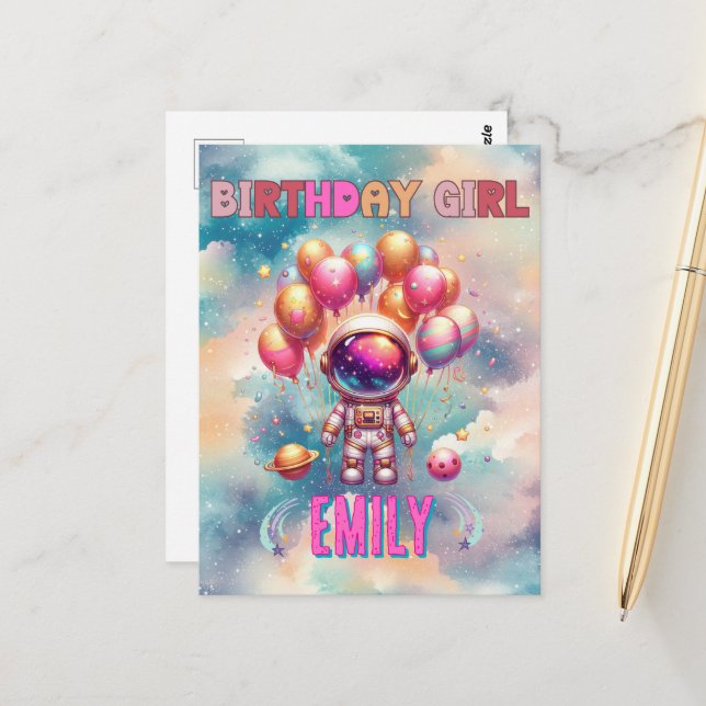 Outer Space Birthday Girl Flight Crew Postcard (Front/Back In Situ)
