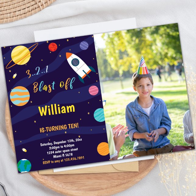 Outer Space Birthday Invitation with Photo (White Rocket Outer Space Birthday Invitations phot)