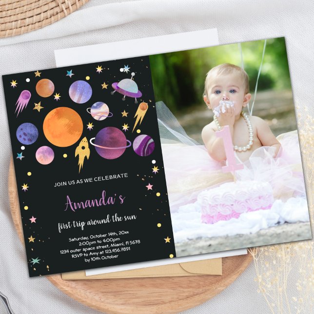 Outer Space Birthday Invitation with Photo (Black Planets Outer Space Birthday photo Invitation)