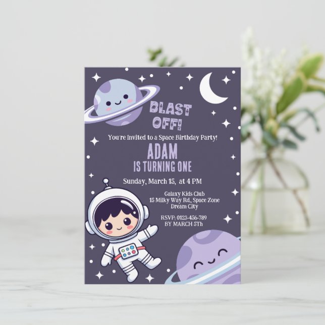 Outer Space Blast Off 1st Birthday Party Invitation (Standing Front)