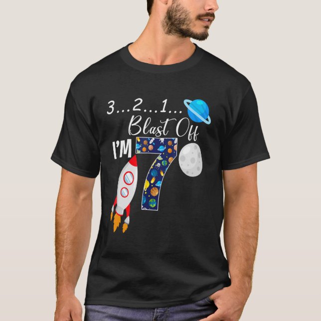 Outer-Space Blast-Off 7 Years Old Kids 7th Birthda T-Shirt (Front)